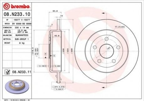 Диск тормозной задний 330мм без вентиляционный. BREMBO 08N23311
