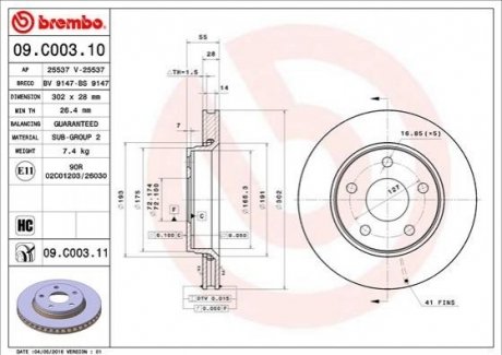 Диск тормозной передний BREMBO 09.C003.11