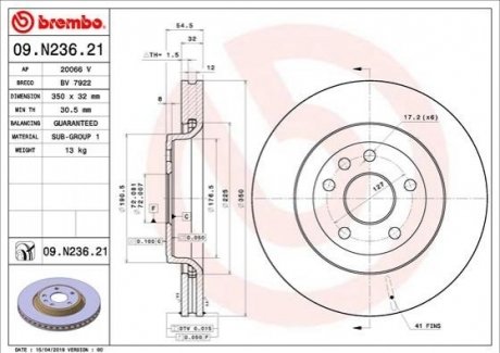 Диск гальмівний передній 350 мм виключаючи 17 дюймові колеса BREMBO 09.N236.21