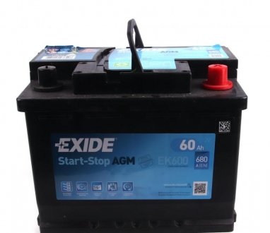 Акумулятор START-STOP AGM (242×175×190), 60Ач, 680А, R+ EXIDE EK600